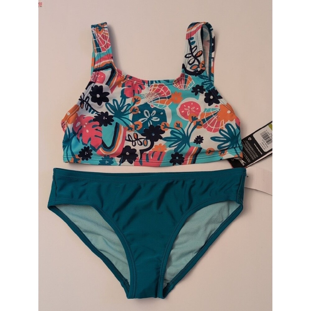 NWT Speedo Girls Floral Print Two Piece Swim Set Bikini Blue Sporty - Size 14